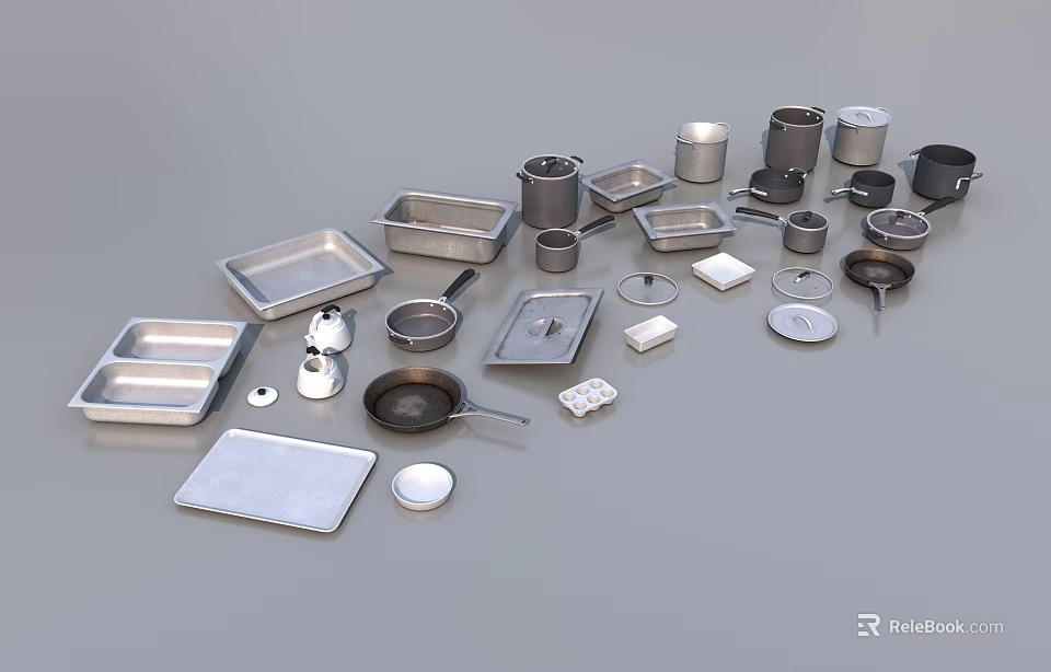 Stainless Steel Kitchenware with Baking Pans Pots Bowls Lids Measuring Cups Neatly Arranged 3d model 