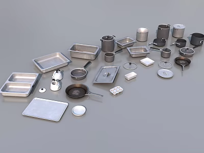 Stainless Steel Kitchenware with Baking Pans Pots Bowls Lids Measuring Cups Neatly Arranged 3d model