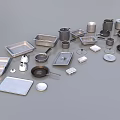 Stainless Steel Kitchenware with Baking Pans Pots Bowls Lids Measuring Cups Neatly Arranged
