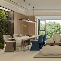 Modern Living Dining Room Interior With Beige Sofa Coffee Table Dining Chairs And Green Trees
