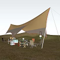 Tan Tensile Membrane Shade Structure For Outdoor Grassland With Picnic Tables And Chairs