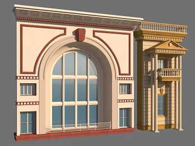 Decorative Architectural Facade With Arched Window Red Trim Balcony And Ornate Details 3d model