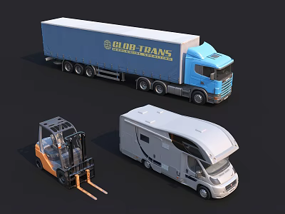Blue CLUB TRANS Truck Forklift And White RV Vehicles In Transport Collection 3d model