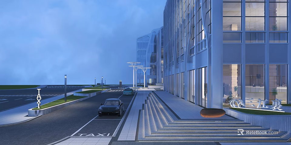 Modern Commercial District Street View With Glass Buildings And Parked Cars 3d model 