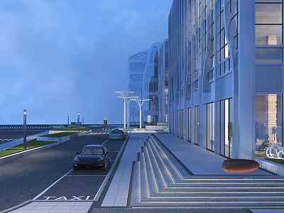 Modern Commercial District Street View With Glass Buildings And Parked Cars 3d model