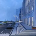 Modern Commercial District Street View With Glass Buildings And Parked Cars