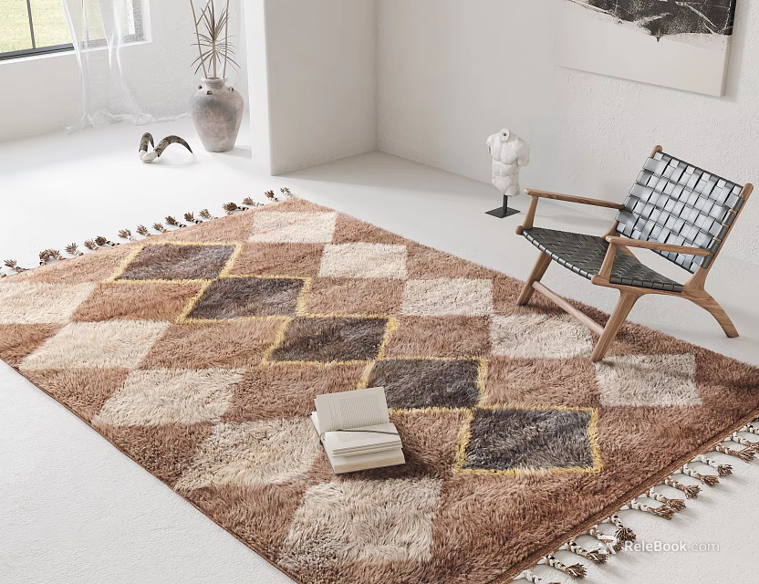 Square Area Rug With Geometric Pattern Fringed Edges In Bright Room 3d model 