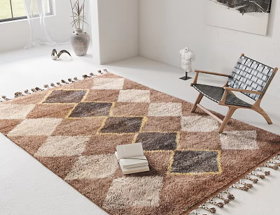 Square Area Rug With Geometric Pattern Fringed Edges In Bright Room 3d model