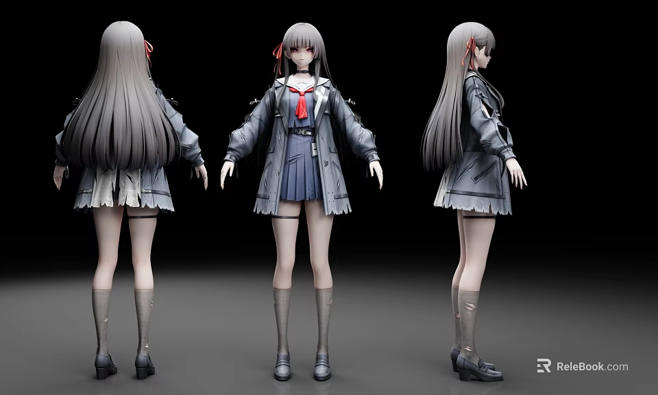 Anime Style Woman With Long Gray Hair Gray Coat Blue Skirt Red Tie Three Views 3d model 