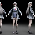 Anime Style Woman With Long Gray Hair Gray Coat Blue Skirt Red Tie Three Views