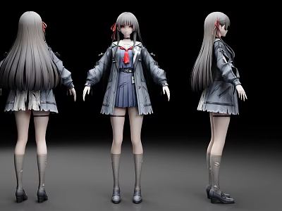 Anime Style Woman With Long Gray Hair Gray Coat Blue Skirt Red Tie Three Views 3d model