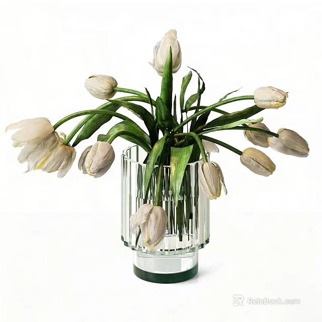 Transparent Glass Vase With Vertical Stripes Holding Fresh White Tulips And Green Leaves 3d model 