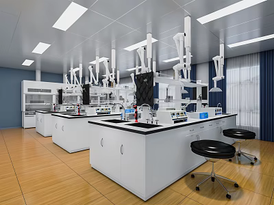 Modern Laboratory Interior With Benches Fume Hoods And Scientific Instruments Lighting 3d model