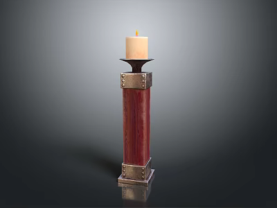 Elegant Candle Holder With Red Wooden Column And Metal Accents Holding Lit Candle 3d model