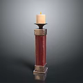 Elegant Candle Holder With Red Wooden Column And Metal Accents Holding Lit Candle