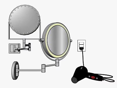 Illuminated Wall Mounted Mirror With Adjustable Bracket And Hair Dryer In Bathroom 3d model