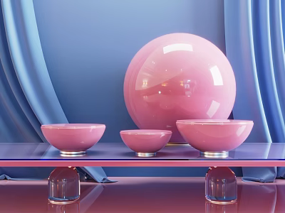 Pink Decorative Bowls And Sphere On Transparent Stand With Blue Curtain Background 3d model