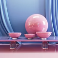 Pink Decorative Bowls And Sphere On Transparent Stand With Blue Curtain Background