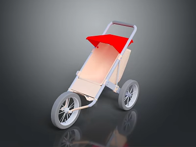 Modern Stroller With Red Canopy Light Seat White Frame And Wheels On Reflective Surface 3d model