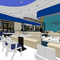 Modern Restaurant Interior With Blue Ceiling Yellow Column Chandeliers And Dining Tables 3d model