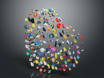 Colorful Aquatic Fish School Swimming Together Forming Spherical Shape Against Dark Background 3d model