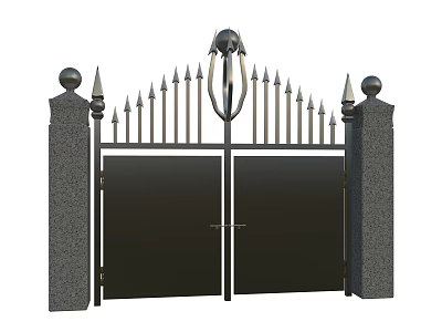 Black Iron Gate Double Panel Design With Decorative Spikes and Stone Pillars 3d model