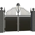 Black Iron Gate Double Panel Design With Decorative Spikes and Stone Pillars
