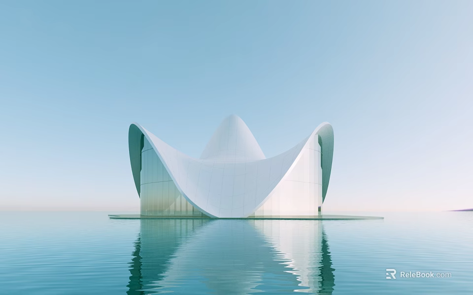 Modern White Sales Office Building With Unique Flowing Curved Structure And Water Reflection 3d model 