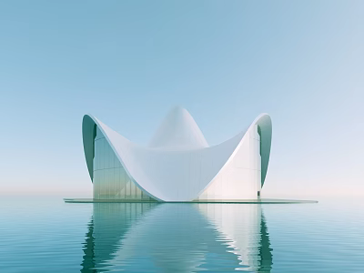 Modern White Sales Office Building With Unique Flowing Curved Structure And Water Reflection 3d model
