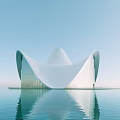 Modern White Sales Office Building With Unique Flowing Curved Structure And Water Reflection