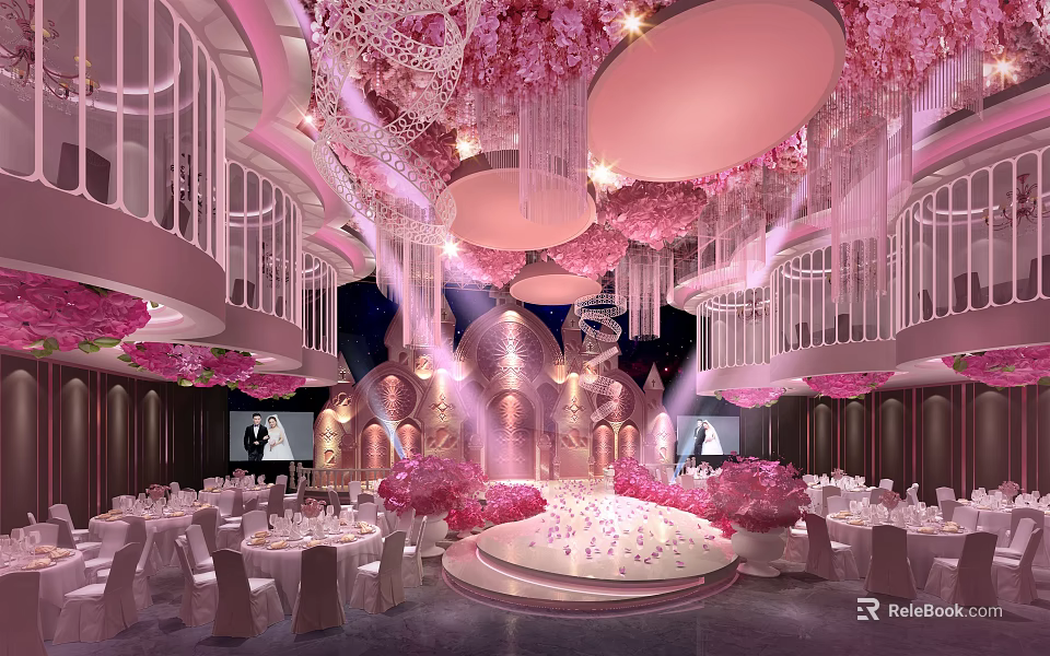 Elegant Banquet Hall Featuring Pink Ceiling Flowers Round Chandeliers And Stage Tables Chairs 3d model 