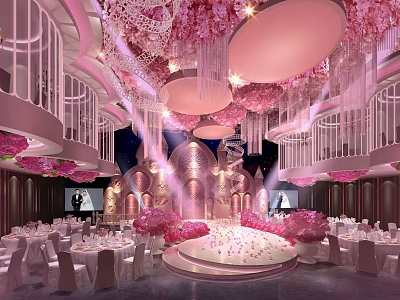 Elegant Banquet Hall Featuring Pink Ceiling Flowers Round Chandeliers And Stage Tables Chairs 3d model