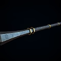 Medieval Battle Axe With Golden Head Intricate Patterns Gray Handle And Decorative Metal Rings