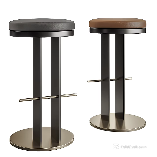 Modern Bar Stools With Black Brown Leather Seats Metal Legs Round Base And Footrest 3d model 