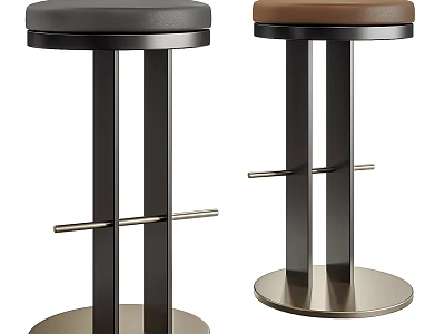Modern Bar Stools With Black Brown Leather Seats Metal Legs Round Base And Footrest 3d model