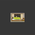 Cartoon Bedroom Scene With Yellow Quilt Panda Doll Small Table And Flowers