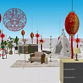 Festive Indoor Decor Featuring Red Lanterns Chinese Knot Fireworks And Sofa