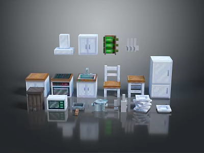 Modern Home Furniture Collection With Wooden Cabinets Chairs Tables And White Appliances 3d model