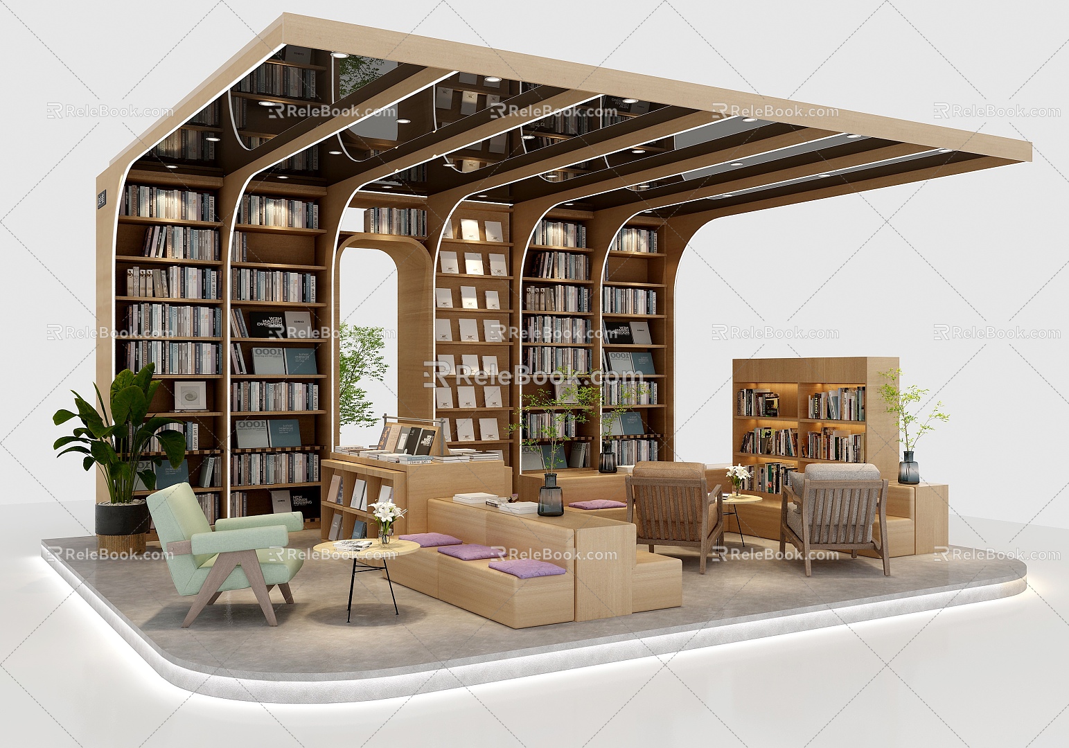 Library Reading Area Bookcase Leisure Sofa Chair Curtain Bookshelf Plant Bookstore Reading Area Reading Room model