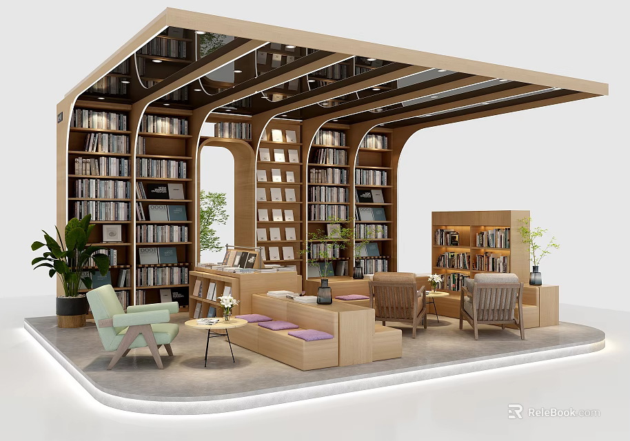 Cozy Cultural Center Interior With Wooden Bookshelves Comfortable Seating And Green Plants 3d model 