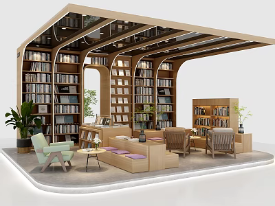 Cozy Cultural Center Interior With Wooden Bookshelves Comfortable Seating And Green Plants 3d model