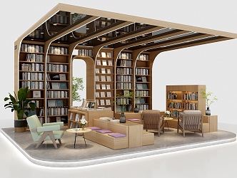 Library Reading Area Bookcase Leisure Sofa Chair Curtain Bookshelf Plant Bookstore Reading Area Reading Room 3d model