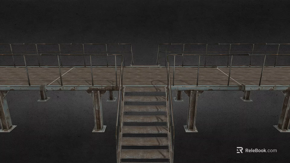Industrial Staircase Design With Metal Railings Wooden Steps And Support Columns 3d model 