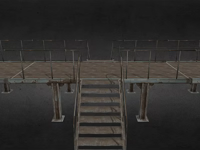 Industrial Staircase Design With Metal Railings Wooden Steps And Support Columns 3d model