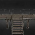 Industrial Staircase Design With Metal Railings Wooden Steps And Support Columns