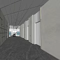 Modern Office Corridor With Ceiling Lines Marble Floor And Elevator Doors