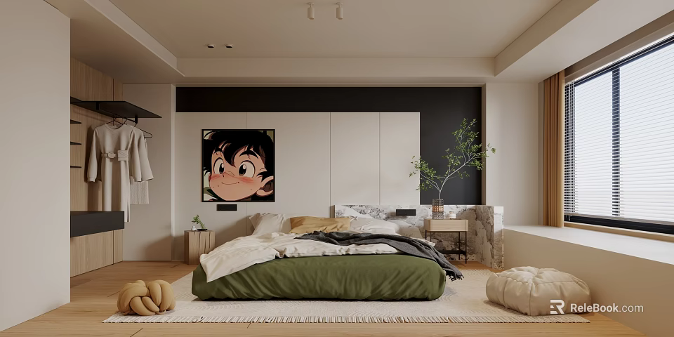 Modern Bedroom Interior Design With Green Bedspread Wall Painting Plant And Curtains 3d model 