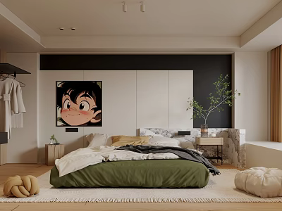 Modern Bedroom Interior Design With Green Bedspread Wall Painting Plant And Curtains 3d model