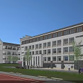 Modern School Building With White Grey Exterior Large Windows And Green Campus With Running Track