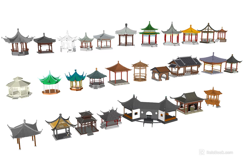 Chinese Pavilion Models With Various Styles Different Colors And Traditional Roof Designs 3d model 